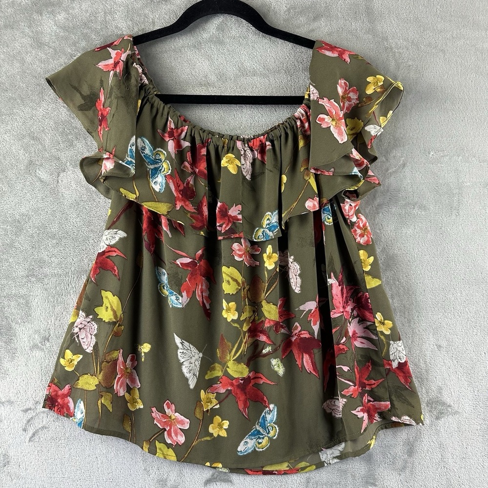 Maeve Anthropologie Blouse Women's S Green Floral Off Shoulder Ruffle Butterfly - Picture 9 of 9